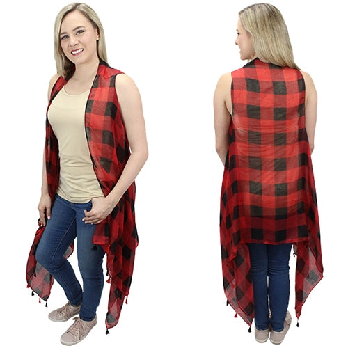 Lightweight Red/Black Buffalo Plaid Vest with Tassels - One Size