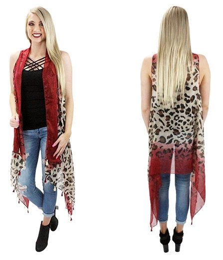 Red Trim Leopard Print Vest with Tassels - One Size