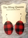 Red Buffalo Plaid Oval Leather Earrings