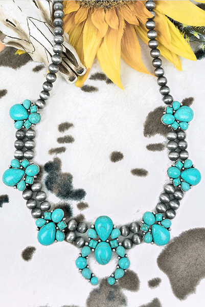 Western Turquoise Roanoke Squash Blossom Pearl Necklace