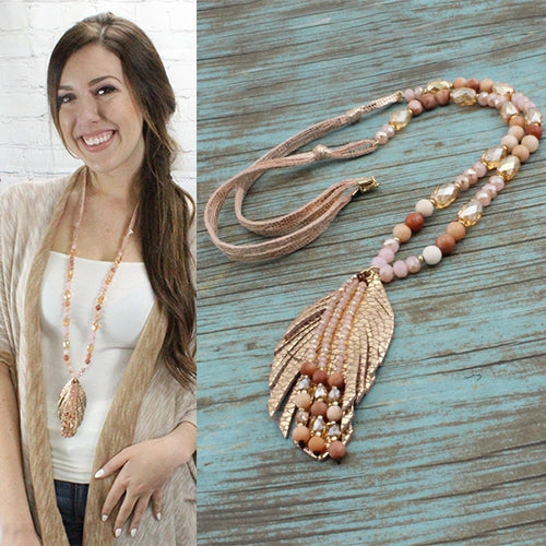 Rose Gold & Pink Feather Necklace