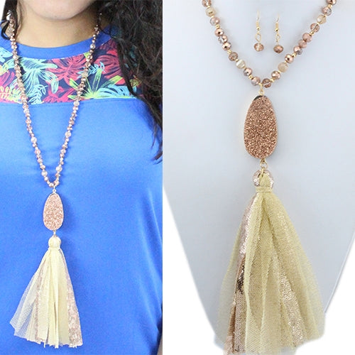 Rose Gold Natural Stone with Fabric Tassel Necklace Set