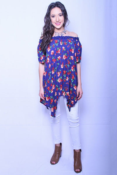 Royal Blue Floral Off The Shoulder Tunic