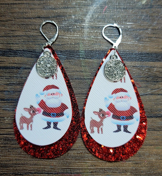 Christmas Santa & Rudolph Teardrop Earrings with Charms