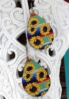 Sunflower Mint Serape Teardrop Wood Earrings