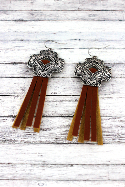 Silvertone Square Cross Concho & Brown Leather Tassel Earrings