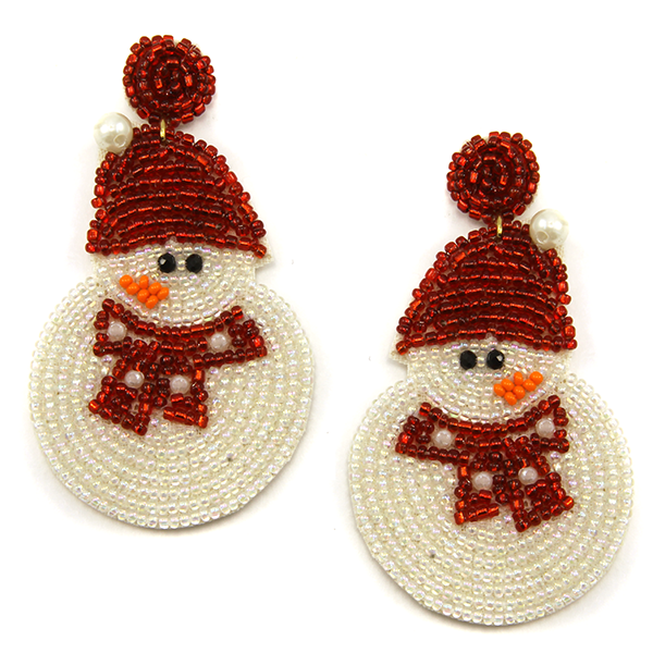 Christmas Snowman with Red Hat Seed Bead Earrings