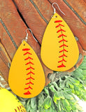 Baseball or Softball Faux Leather Whipstitch Teardrop Earrings