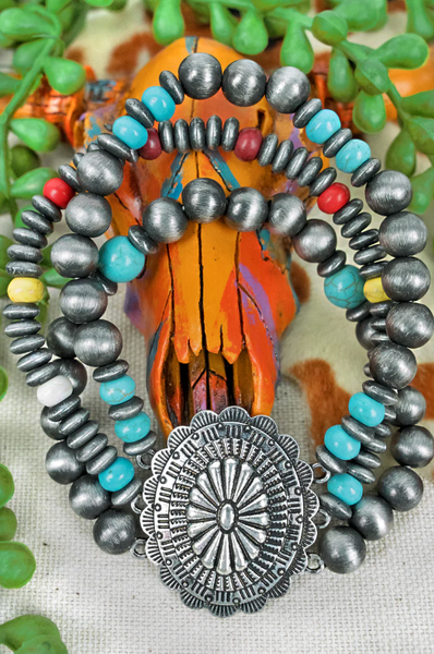 Sonora Concho Multi-Color Silver Pearl Stretch Western Bracelet Set