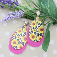 Hot Pink Sunflower / Leopard Layered Earrings