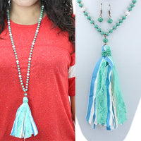 Turquoise Fabric Tassel Necklace Set