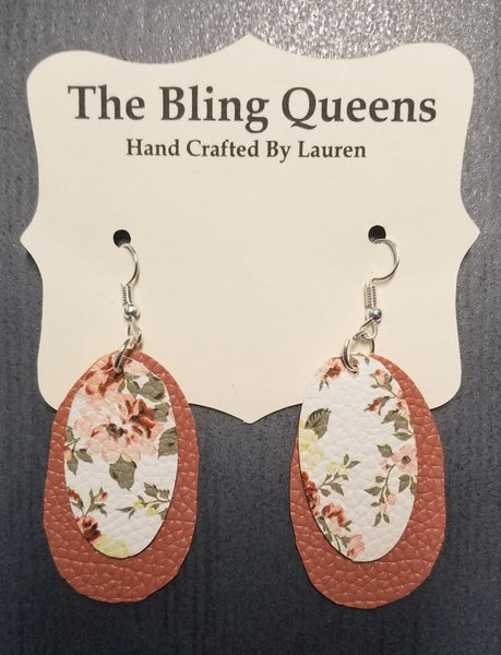 Dark Tan Floral Oval Leather Earrings