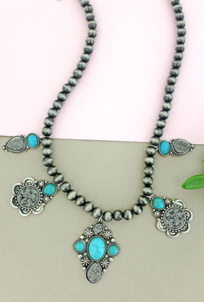 Druzy & Turquoise Silver Pearl Necklace with Bonus Earrings