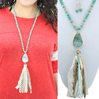 Turquoise Natural Stone with Fabric Tassel Necklace Set