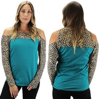 Cold Shoulder Leopard Turquoise Top