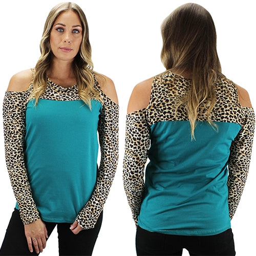 Cold Shoulder Leopard Turquoise Top