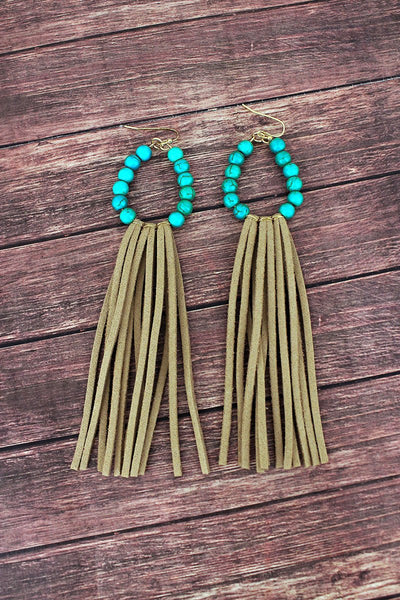 Turquoise Beaded Loop Earrings with Brown Faux Suede Tassel