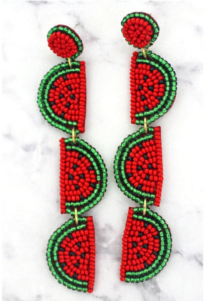 Watermelon Slices Seed Bead Earrings