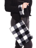 Furry White & Black Buffalo Plaid Crossbody Bag Clutch/Wristlet