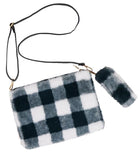 Furry White & Black Buffalo Plaid Crossbody Bag Clutch/Wristlet