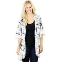 CLEARANCE - White & Black Plaid Kimono with Lace Trim - One Size