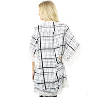 CLEARANCE - White & Black Plaid Kimono with Lace Trim - One Size