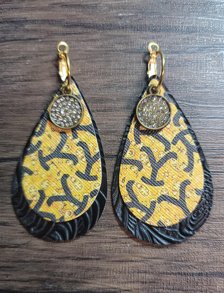 Black & Yellow Yellowstone Teardrop Earrings with Crystal Charms